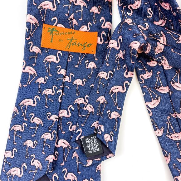 Tropicals by Tango 100% Silk Neck Tie Blue Pink Flamingos - Picture 4 of 6